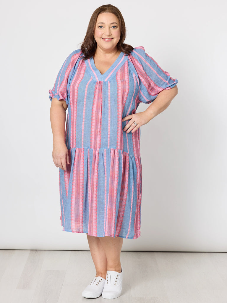 Threadz - Bloom Stripe Dress ‘Indigo Pink’