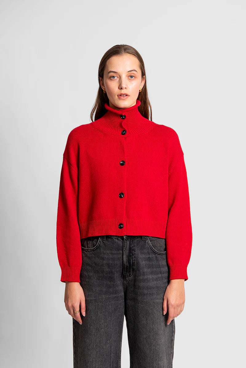 Fields - Funnel Neck Cropped Cardigan ‘Crimson’