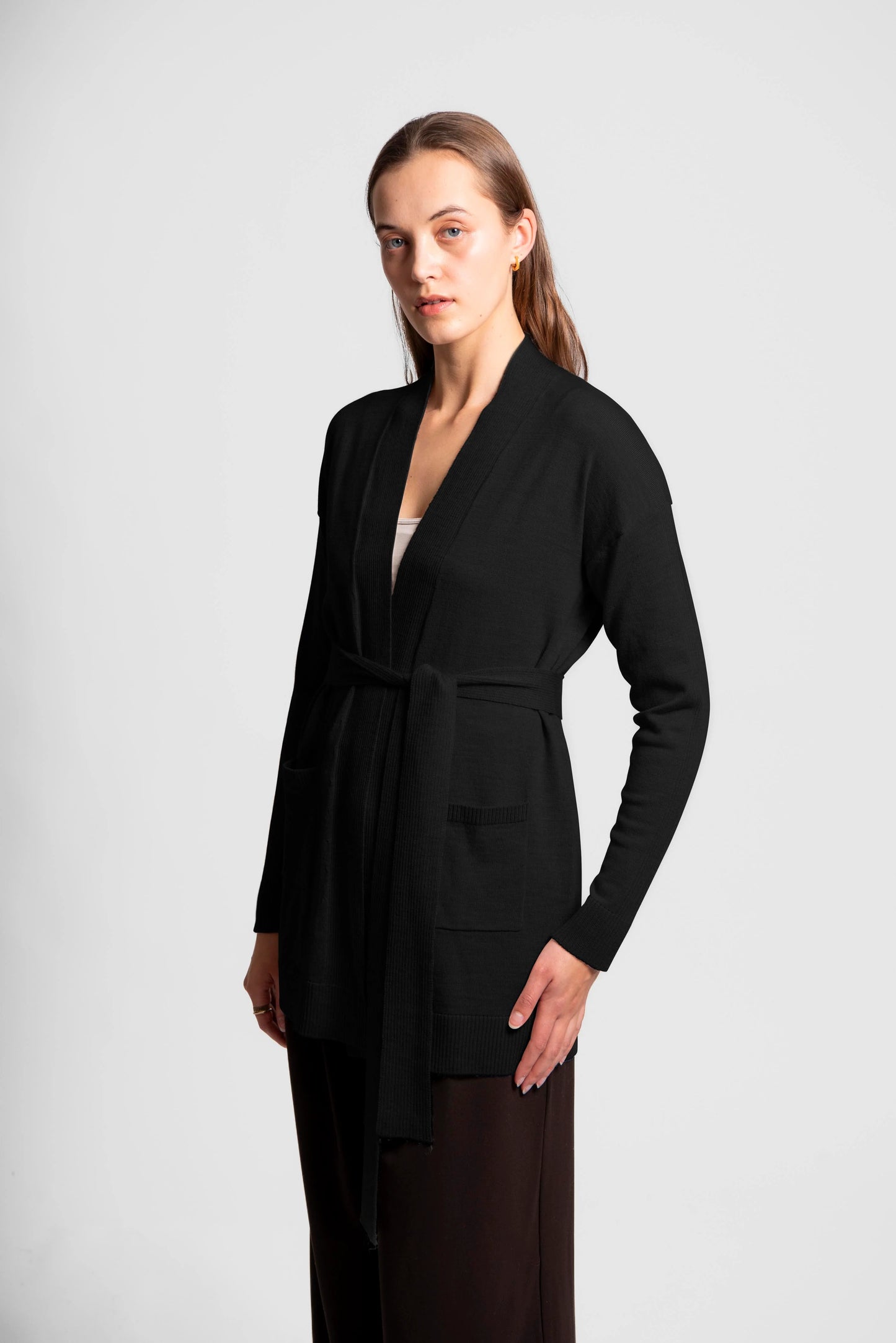 Fields - Longline Cardigan with Belt ‘Black’