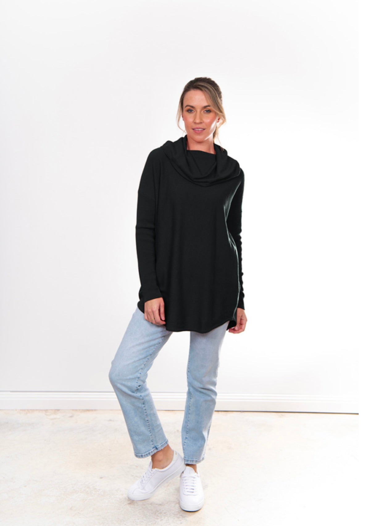 Bridge and Lord - Merino Wool/Cashmere Kylie Essential Curved Hem Cowl Neck Pullover ‘Black’