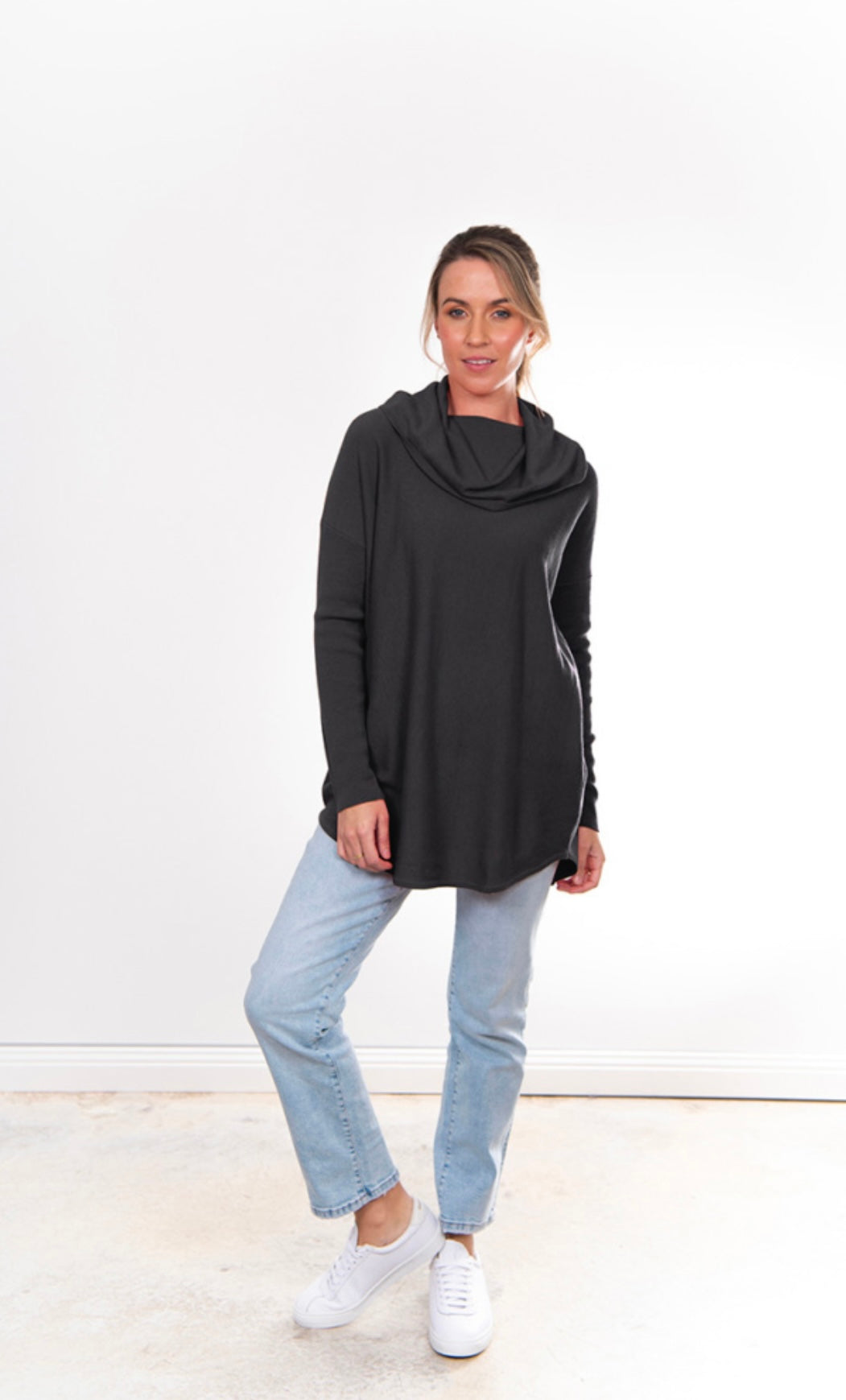 Bridge and Lord - Merino Wool/Cashmere Kylie Essential Curved Hem Cowl Neck Pullover ‘Coal’