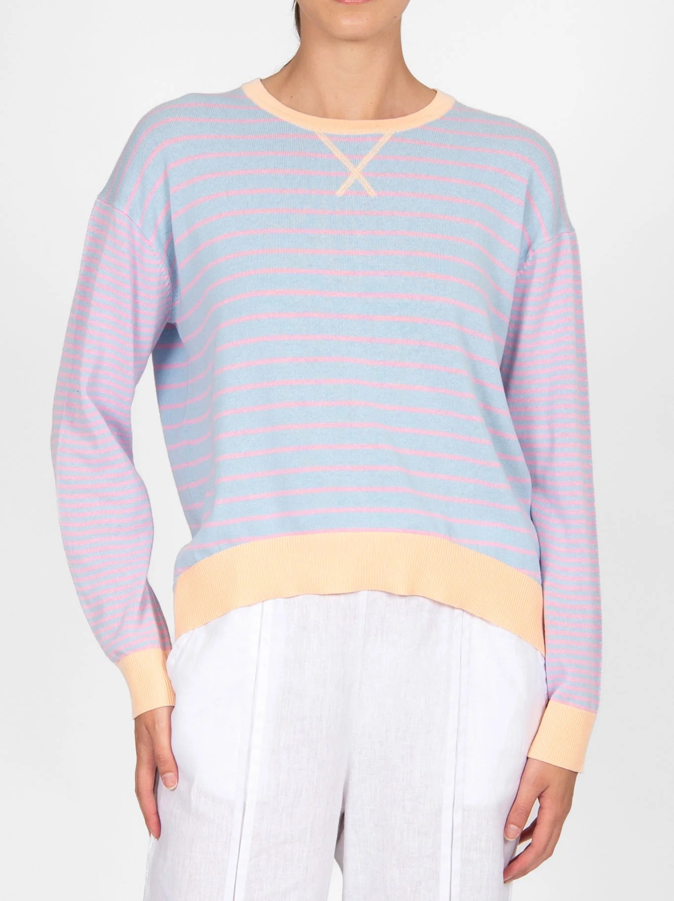 Bridge & Lord - Striped Pullover with Curved Hem ‘Peach Combo’