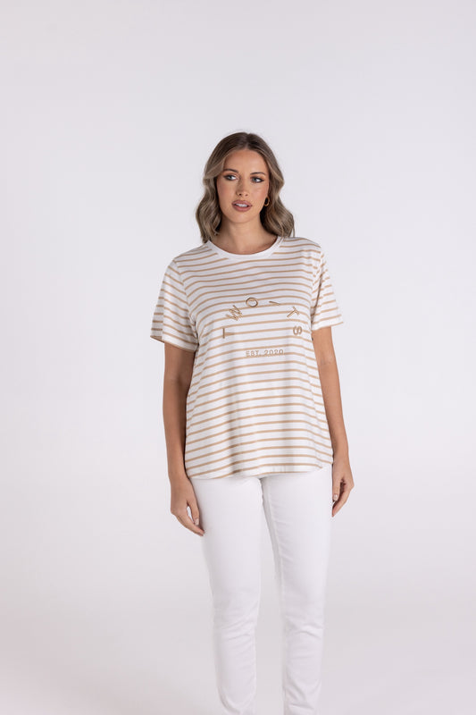 Two T’s - Stripe Short Sleeve Crew with Embroidery ‘Sand/White’