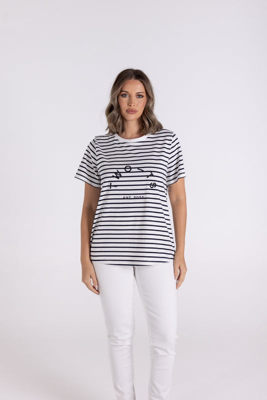 Two T’s - Stripe Short Sleeve Crew with Embroidery ‘Navy/White’