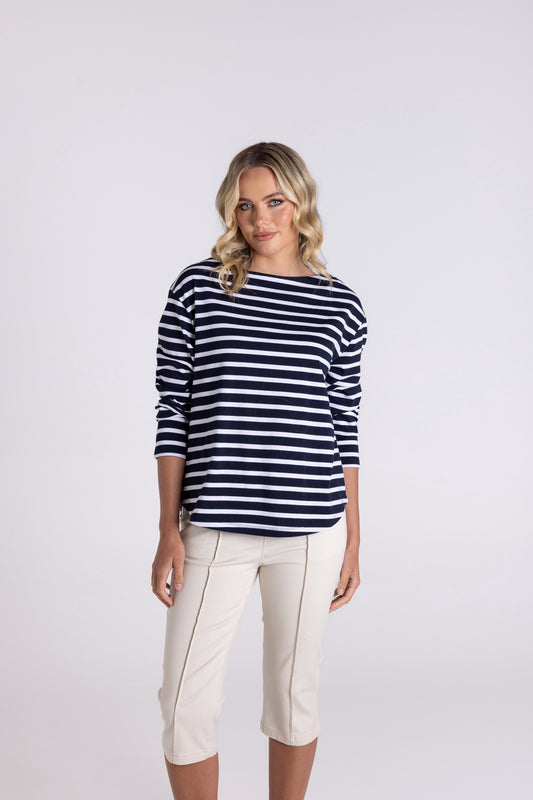 Two T’s - Stripe Boat Neck 7/8 Sleeve ‘Navy/White’
