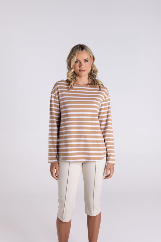 Two T’s - Stripe Boat Neck 7/8 Sleeve ‘Sand/White’