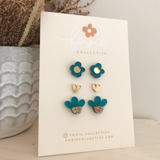 Foxie Collective - Stud Pack Trio Frosted Teal + Gold