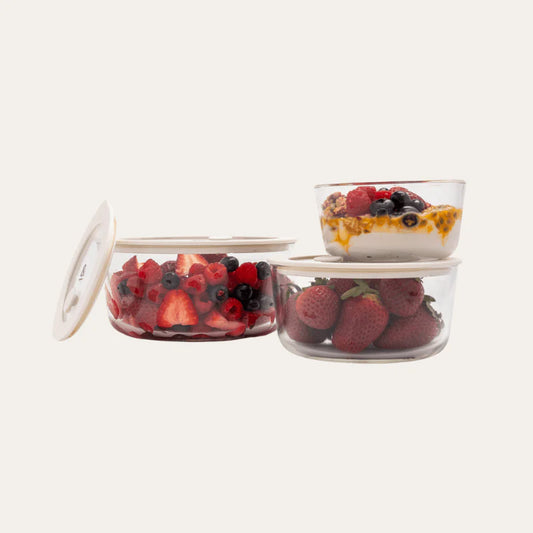 Seed & Sprout - Glass Food Containers 3pk Round ‘Oat Milk’
