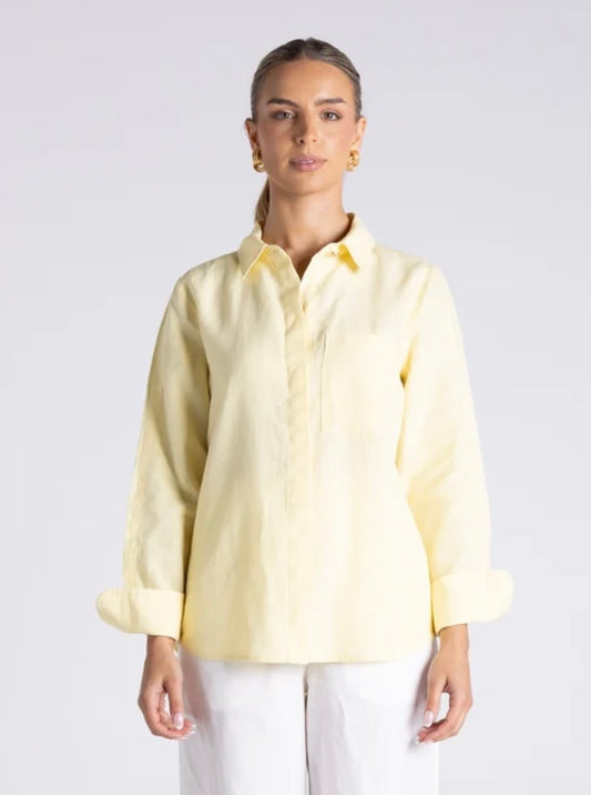 Two T’s - Sofia Linen Shirt with Gold Button ‘Lemon Icing’