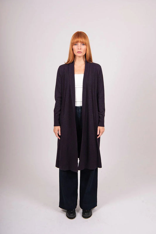 Bridge and Lord - Merino Wool/Cashmere Longline Cardi with Cable ‘Mocha’